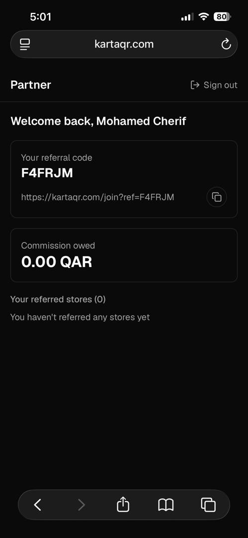 The Karta QR Partner dashboard, showing a referral code, shareable link, and commission owed